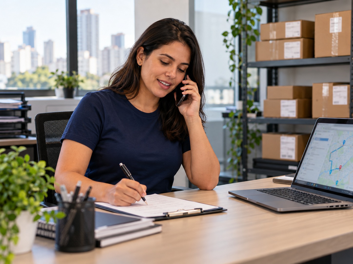 Imagem ilustrativa de uma profissional organizando um envio empresarial por telefone