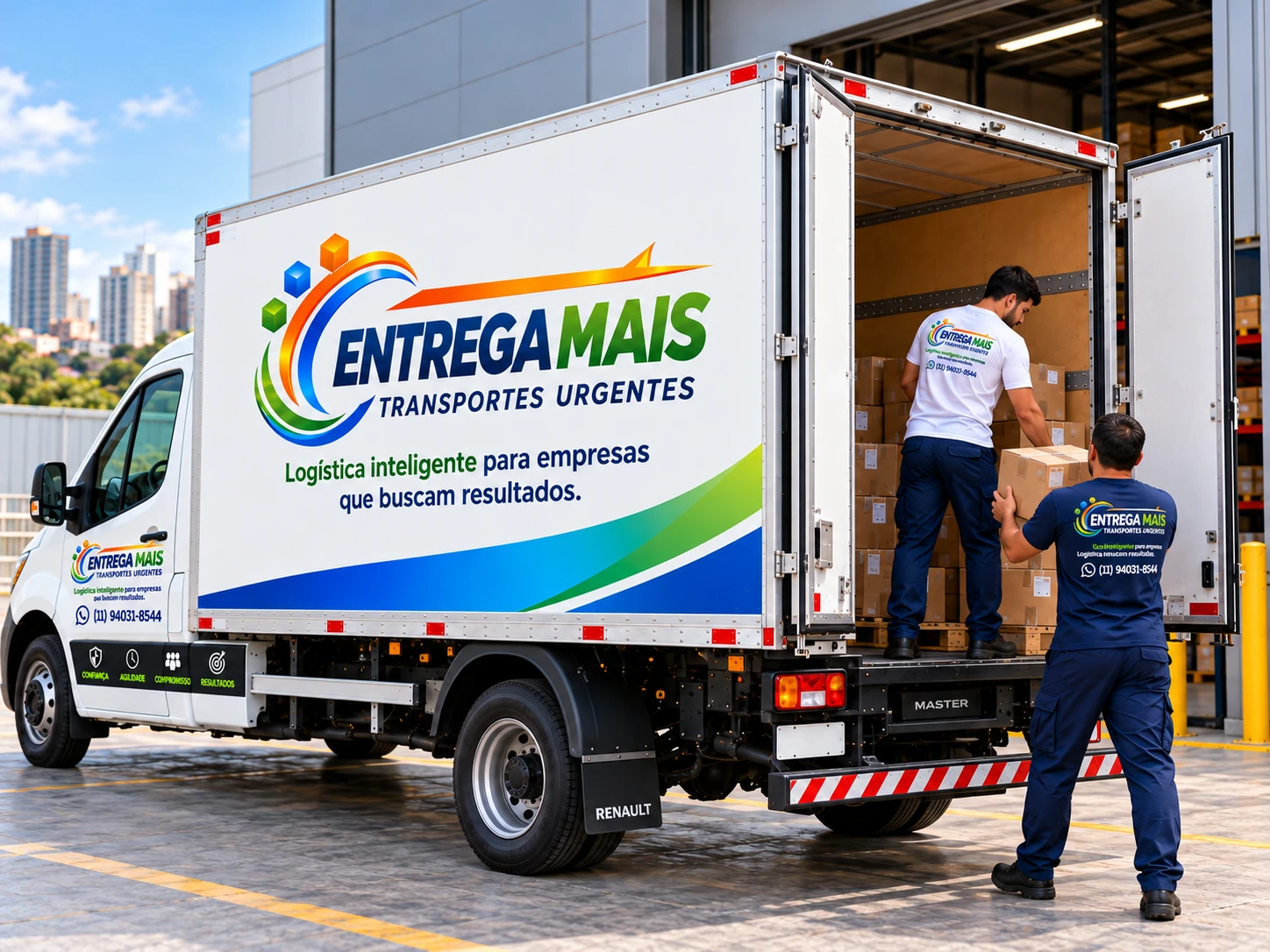 Imagem ilustrativa dos entregadores em camisetas azul-marinho e branca carregando encomendas pelas portas traseiras do baú