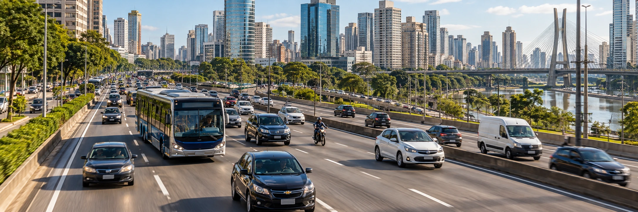 Imagem ilustrativa de uma avenida de São Paulo com carros e ônibus
